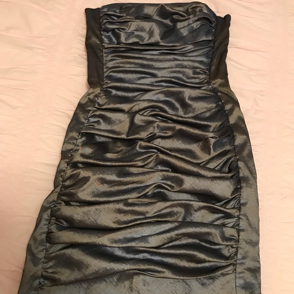 CACHE metallic blue silver  strapless mini dress fitted bodycon sexy.